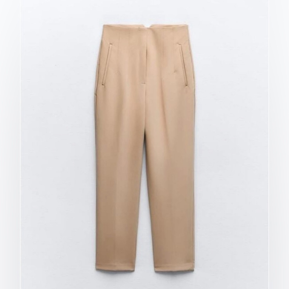Tailored High-Waist Straight Trousers - Beige